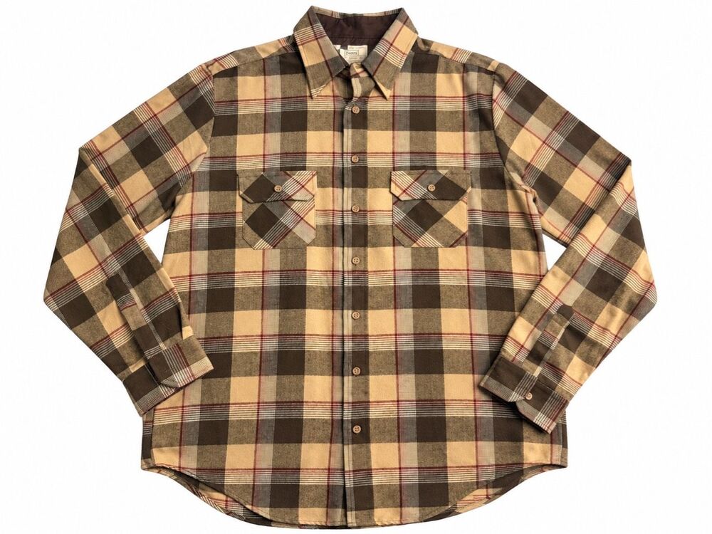 Sears Vintage 70s Plaid Flannel Shirt Jacket Brown Tan Button Up Large 16-16.5